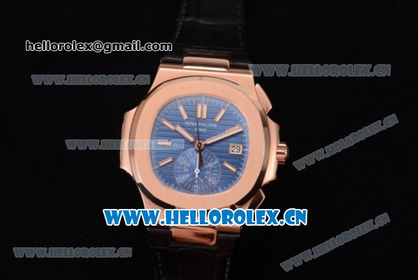 Patek Philippe Nautilus Clone PP 315 Automatic Rose Gold Case with Blue Dial Stick/Arabic Numeral Markers and Black Leather Strap (BP) - Click Image to Close